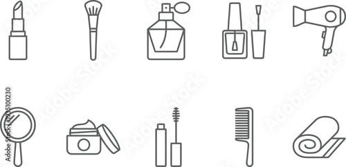 Collection of thin line icons representing various beauty and cosmetic products for self care.
