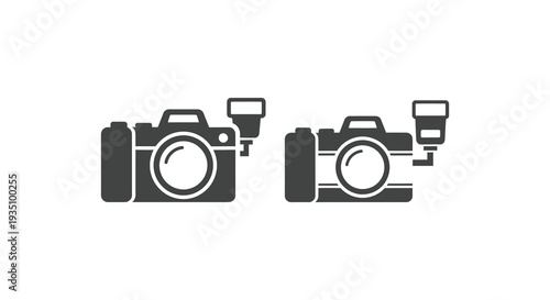 Two black camera icons are displayed side by side showcasing distinct flash positions as a simple silhouette high quality professional detailed modern elegant