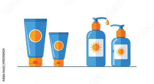 Colorful illustration depicting tubes and bottles of sunscreen with vibrant sun designs a summer protection silhouette high quality professional detailed modern