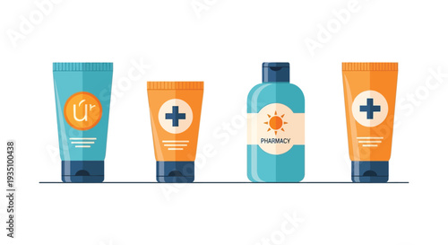 Various sun protection products including tubes and bottles with medical symbols showcasing a flat design silhouette high quality professional detailed modern