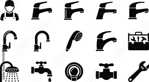 Collection of plumbing service icons including faucets, shower heads, taps, wrench, toolbox and plumber symbol for bathroom repair, water maintenance and handyman tools design