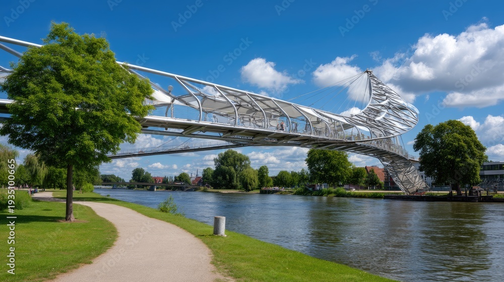 Fototapeta premium Modern bridge with unique architecture over a calm river surrounded by greenery and clear blue sky during daytime