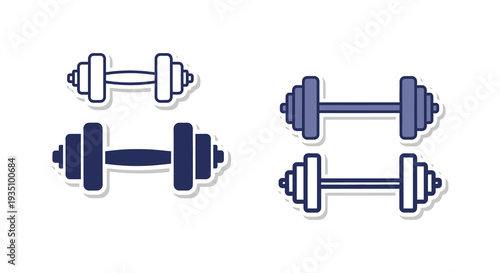 A collection of dumbbell icons in varying orientations and styles presented against a white background silhouette high quality professional detailed modern