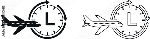 Airplane with clock time zone travel icons set for flight duration and airline schedule vector illustration
