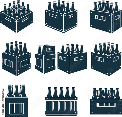 Beer bottle crate and pack vector set with various beverage box packaging silhouettes for brewery and delivery design