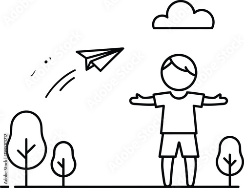 A simple drawing of a person throwing a paper plane in a serene outdoor setting.