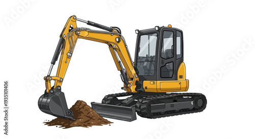 Yellow mini excavator digging soil on white background