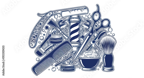 Barber Tools Collection: Straight Razor, Scissors, Comb, Brush, Barber Pole