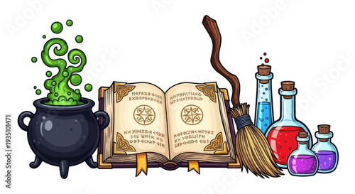 Magic Potion Brewing with Spellbook and Broomstick