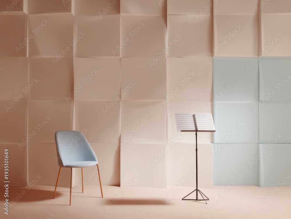 Fototapeta premium Minimalist Music Studio Corner with Chair and Music Stand Against Soundproof Wall for Adult Vocal Lessons and Singing Practice with Copy Space