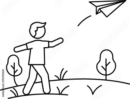 A person is flying a paper plane in a simple outdoor setting.