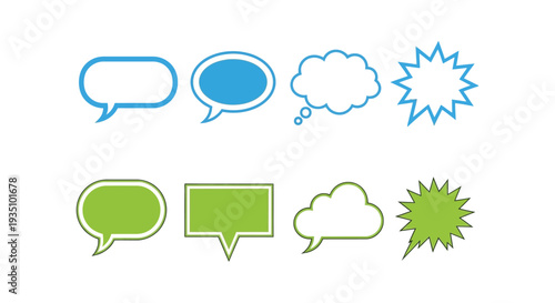 A collection of colorful speech bubbles and thought balloons arranged in two rows presented as a silhouette high quality professional detailed