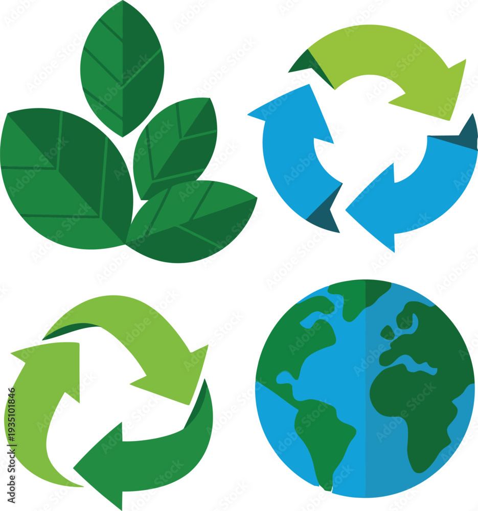 Fototapeta premium Green eco earth icon with leaves and seamless nature pattern design