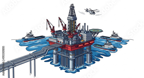 Offshore oil rig platform with support vessels and helicopter illustration.
