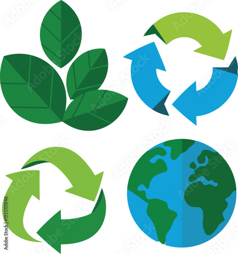 Green eco earth icon with leaves and seamless nature pattern design