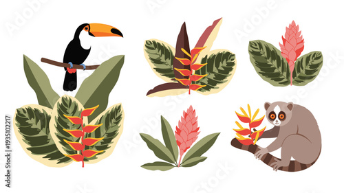 A vibrant collection of tropical fauna and flora, featuring a colorful toucan, a slow loris, and exotic heliconia flowers with lush foliage, perfect for nature-themed designs and educational
