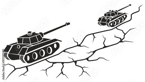 Two military tanks moving on cracked earth landscape in black and white vector illustration