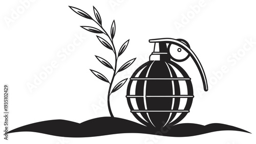 Black silhouette of a bomb with a leafy branch symbolizing peace and conflict