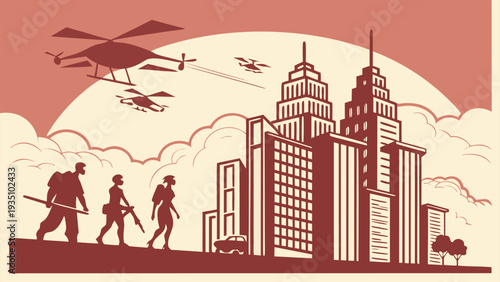 Monochrome cityscape with soldiers helicopters and skyscrapers at sunset