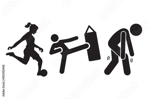 This image displays three black silhouettes illustrating physical activity and its effects. From left to right, a female figure kicks a soccer ball, a stick figure performs a martial arts sidekick on 