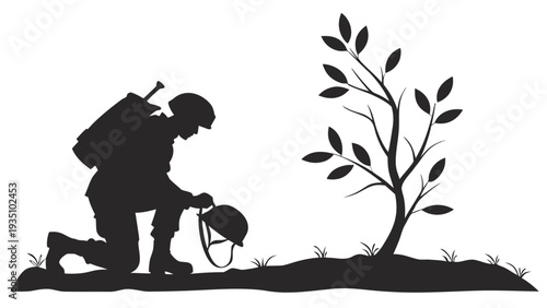 Soldier kneeling watering plant with helmet symbolic hope and peace serene natural background