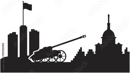 City skyline silhouette with cannon and flag urban landscape vector illustration