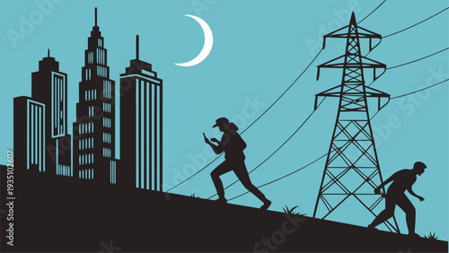 Silhouette of people running on hill with city skyline power lines and crescent moon