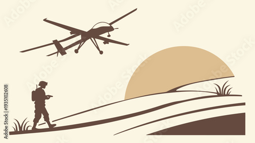Military drone flying over desert landscape with soldier walking