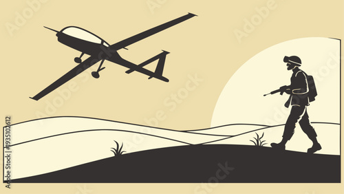 Military drone flying over a soldier on a hill at sunset with a gun