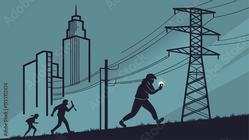 Silhouette of people running in a modern cityscape with power lines and skyscrapers