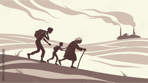 Family walking together in a desolate landscape with industrial pollution