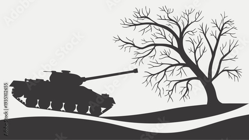 Generic tank silhouette illustration next to bare tree on hill
