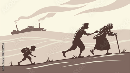 Family walking together on a hill with a factory in the background symbolizing migration or displacement