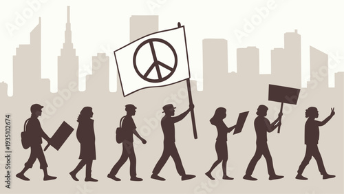 Group of people marching with peace sign and protest signs in city background