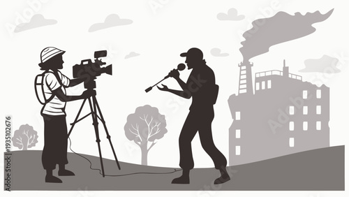 Journalist and cameraman in silhouette reporting at industrial site with smokestack