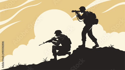 Soldiers on hilltop with binoculars and rifle silhouette illustration