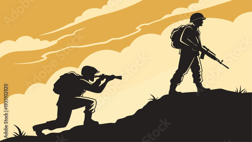 Silhouette vector illustration of two modern soldiers on a hill with rifles and backpacks against a cloudy orange sky