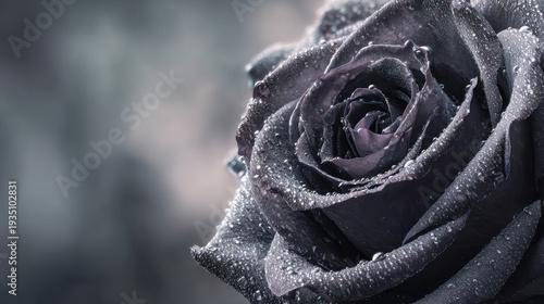 Dark purple rose covered in delicate dewdrops with soft-focus background creating a moody and elegant floral close-up image for artistic use