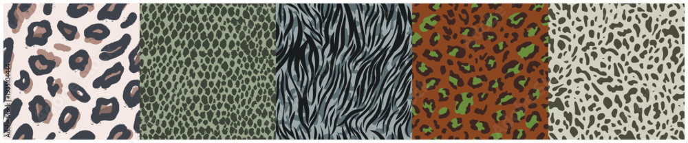 Fototapeta premium Collection of wild animal skin seamless patterns with leopard snake and zebra prints in muted tones