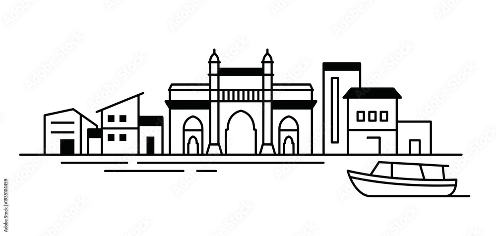 Naklejka premium Simple bold black outline vector illustration of Mumbai city landmark Gateway of India surrounded by modern architecture and a passenger boat cruising on a peaceful lake water.