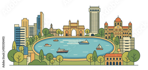 Colorful flat outline vector illustration of Mumbai cityscape with iconic historical buildings, green parks, and a beautiful central lake with sailing boats on a bright sunny day.