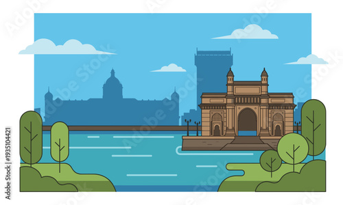 Beautiful flat vector illustration of the famous Mumbai city landmark Gateway of India surrounded by green trees and calm lake water against a bright blue sky cityscape silhouette.