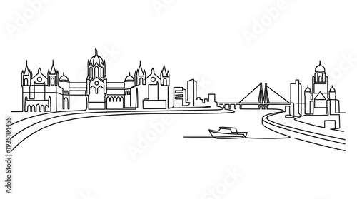 Minimalist continuous line art vector illustration of Mumbai city skyline featuring famous landmarks, modern architecture, and a peaceful lake with a small boat in the foreground.