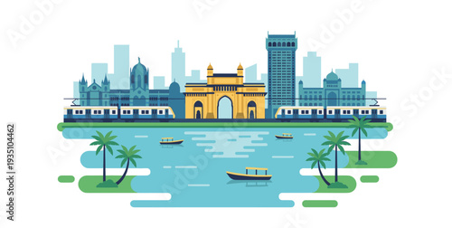 Flat style vector illustration of the beautiful Mumbai skyline landscape showing historical monuments, a moving train, palm trees, and a serene lake reflecting the urban cityscape.
