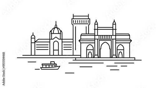 Minimalist thin black line art vector outline of Mumbai city skyline featuring the famous Gateway of India and a small boat floating on a calm lake with traditional architecture.