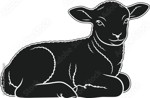 Black lamb silhouette lying down with white outline on white background sheep animal