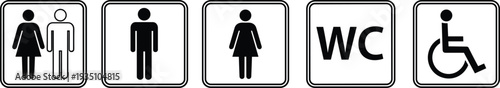 Restroom toilet signs icons set male female WC wheelchair accessible bathroom vector illustration collection design