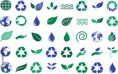 Collection of eco-friendly and recycling symbols with natural elements