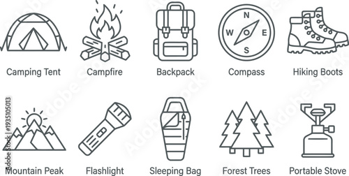 Camping icons set, outdoor adventure symbols, hiking and travel elements