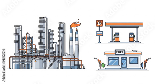 Oil Refinery and Gas Station Illustration.
